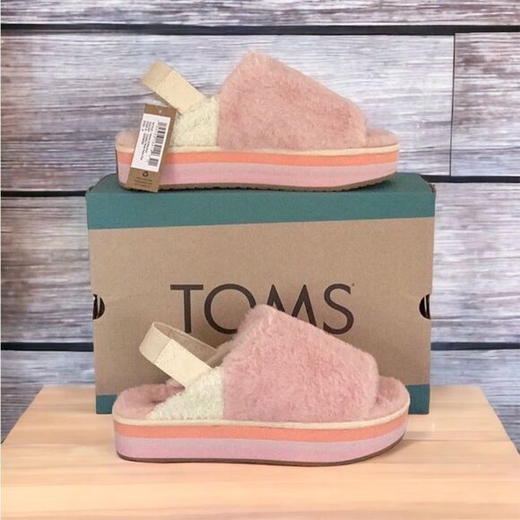 TOMS NEW IN BOX WOMENS SOFIA EVA CHALKY PINK FAUX FUR SLING BACK SHOE PLATFORM - Picture 1 of 10